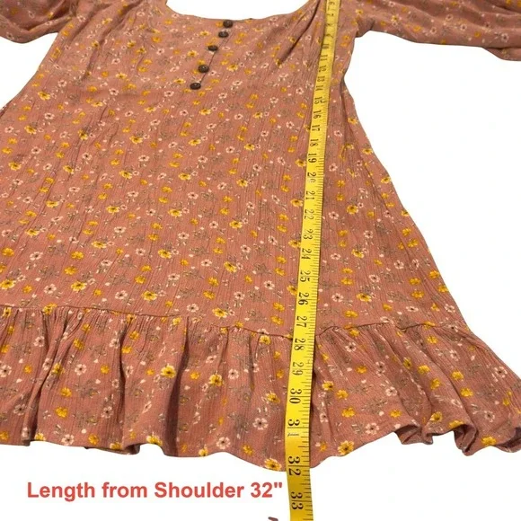 Floral Mini Dress Medium Dusty Rose Puff Sleeves Smocked Back Ruffle Hem Boho - Picture 11 of 11